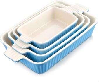 Set of 4, Porcelain Baking Pans Set for Oven, Casserole Dish, Ceramic Rectangular Baking Dish Lasagna Pans (Color: Blue)